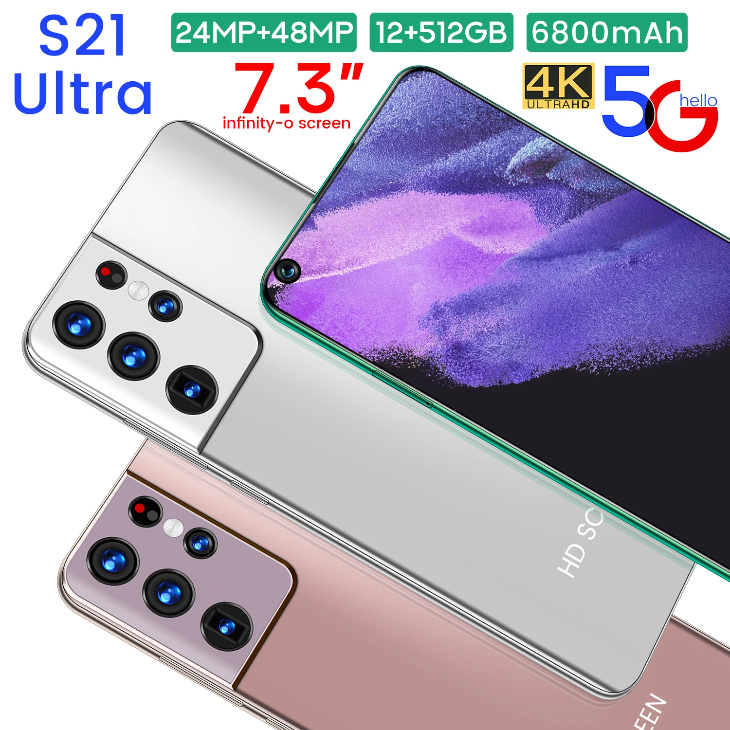 5G Pasaulio Versija S21 Ultra 7.3 Colių Android 10.0 12 GB 512 GB 6800mAh Mobiliojo Telefono vandens lašelius HD Ekrano mobilusis telefonas, Išmanusis telefonas 3