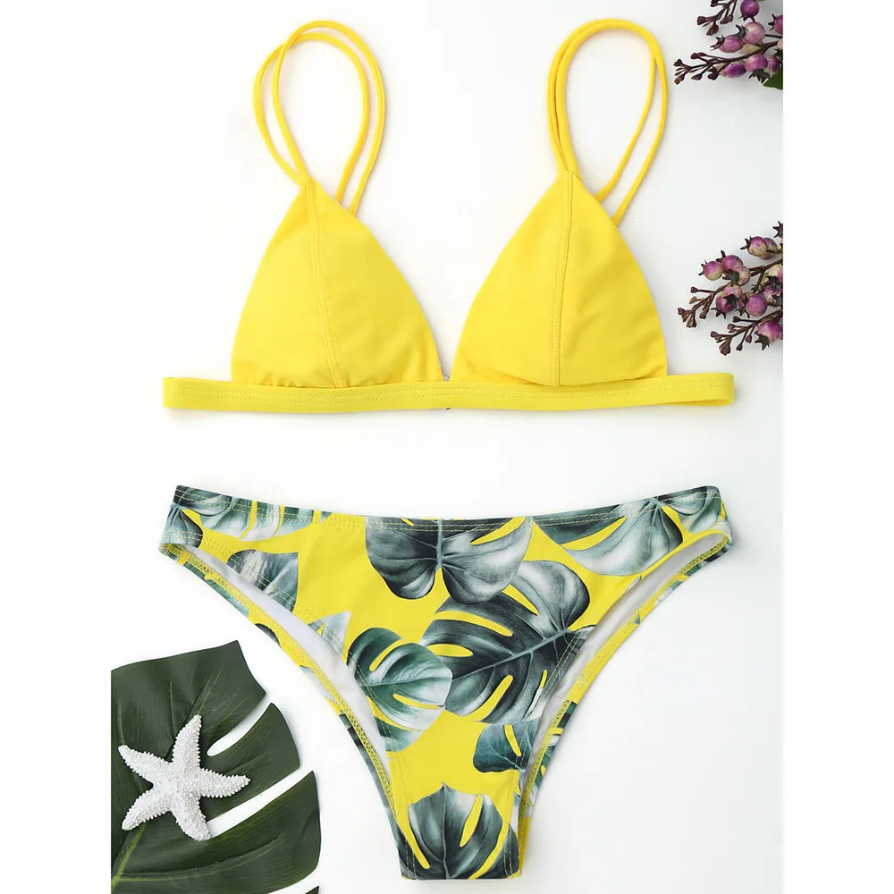 Moterų Plaukimo Kostiumas Seksualus Bikini maudymosi kostiumėlis Moterims maudymosi Kostiumėliai, Bikini Print Lapai, Push-up Paminkštintas Aukštos Juosmens, Maudymosi Kostiumą 5