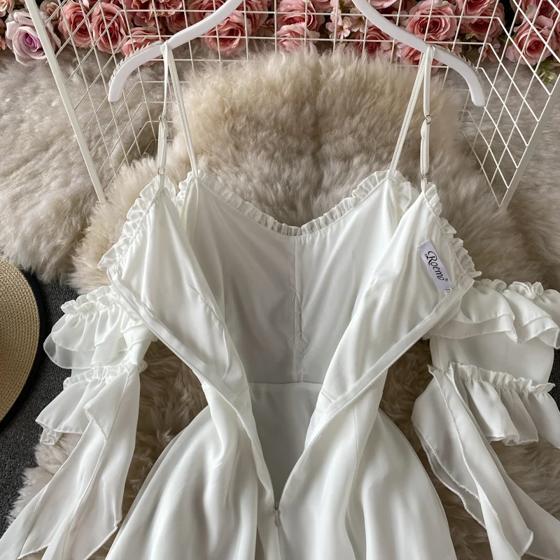 Paplūdimys Balto Šifono Suknelė 2021 M. Vasaros Apdaras Seksualus Off Peties Ins Elegantiškas Ruffles Backless Diržas Moterų Vestidos Maxi Suknelė 5