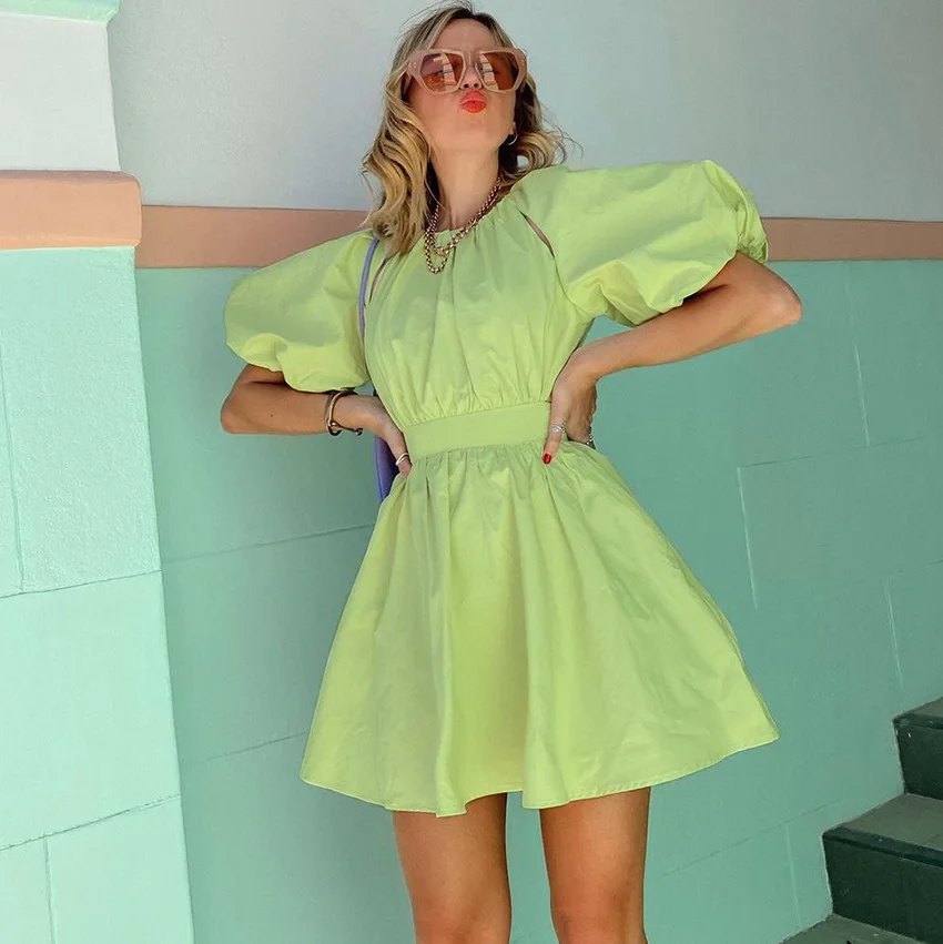 Moarcho Vasaros Suknelė Žalia vientisos Spalvos Apvalios Kaklo Sluoksniuotos Rankovėmis Mini Suknelė Aukšto Juosmens Atgal Tuščiaviduriai Iš Mados Šalis 2021new 1