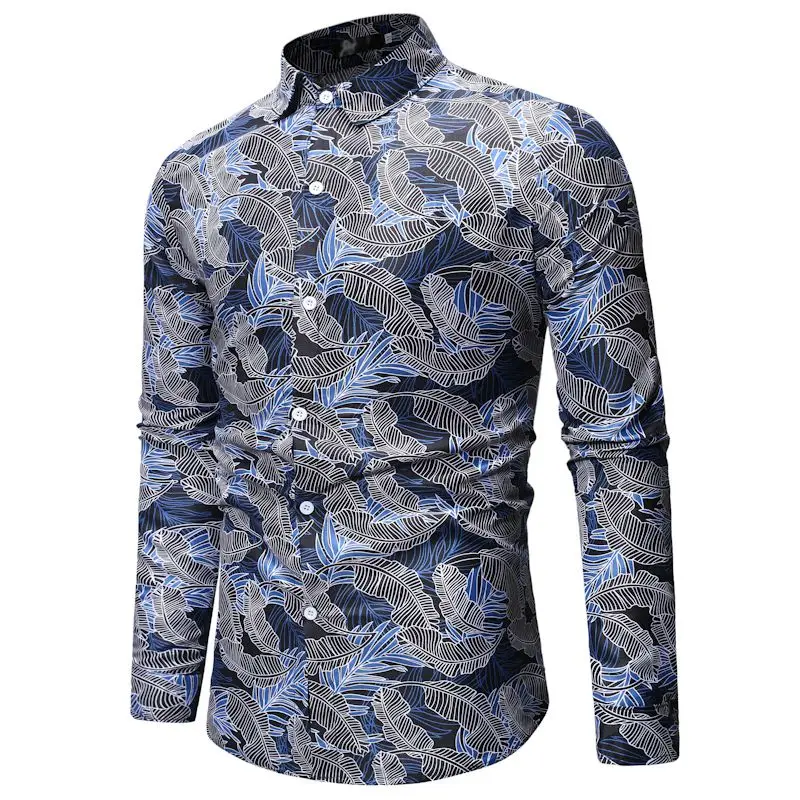 Mėlyna Lapų Spausdinimo Suknelė Marškinėliai Vyrams 2021 Nauja Slim Fit Long Sleeve Havajų Shirt Mens Mygtuką Šalies Marškinėliai Atostogų 0