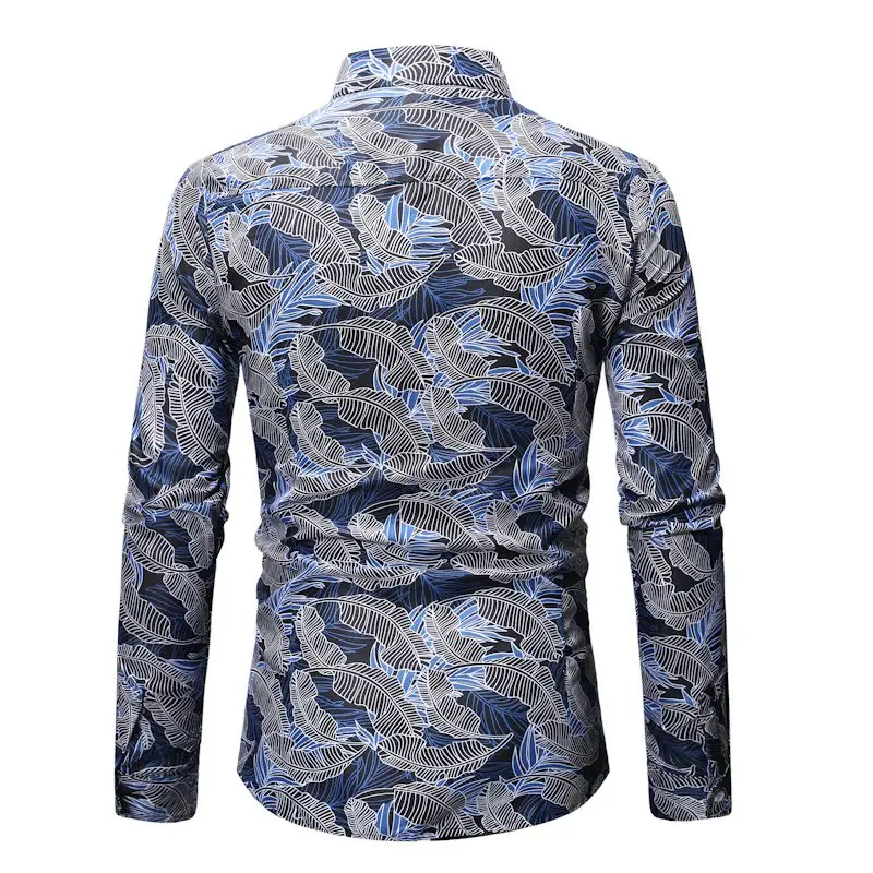 Mėlyna Lapų Spausdinimo Suknelė Marškinėliai Vyrams 2021 Nauja Slim Fit Long Sleeve Havajų Shirt Mens Mygtuką Šalies Marškinėliai Atostogų 2