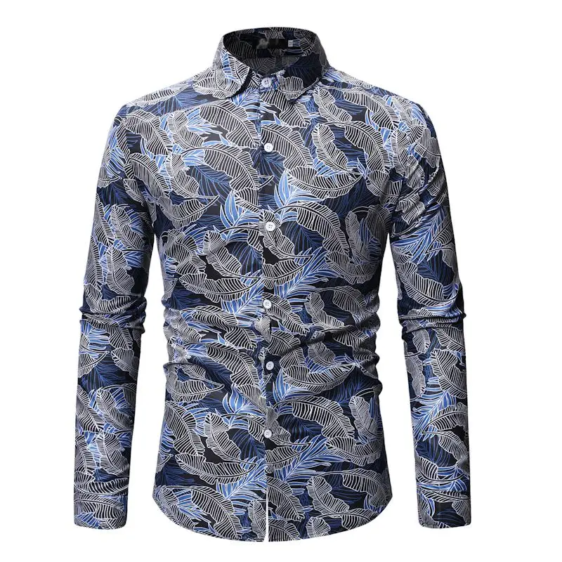 Mėlyna Lapų Spausdinimo Suknelė Marškinėliai Vyrams 2021 Nauja Slim Fit Long Sleeve Havajų Shirt Mens Mygtuką Šalies Marškinėliai Atostogų 5