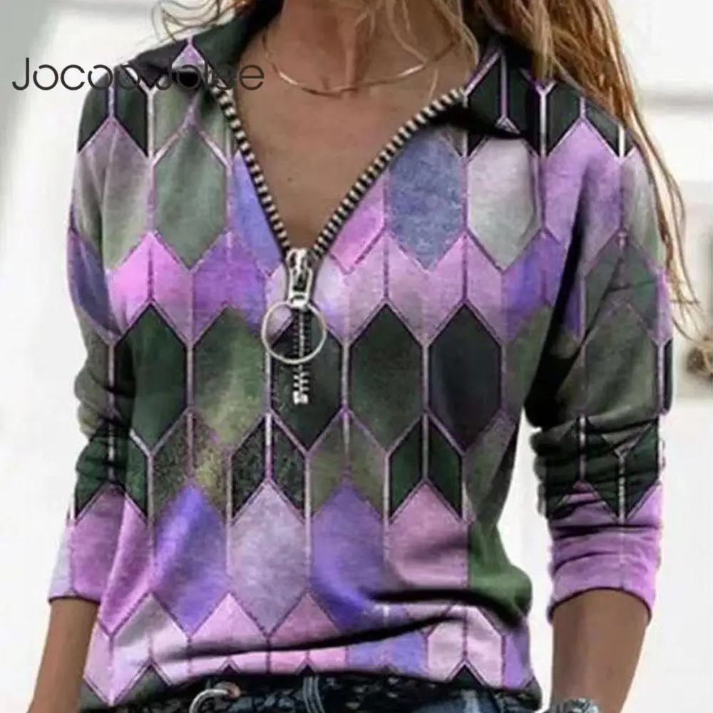 Jocoo Jolee Moterų Sping Long Sleeve V-Kaklo Geometrinis Spausdinimo Derliaus Laisvi Marškinėliai Atsitiktinis Megztinis Elegantiška Palaidinė Negabaritinius 4