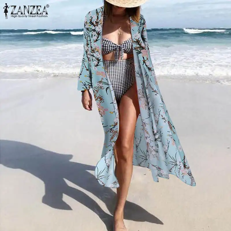 Senovinių Moterų Paplūdimio Cardigan ZANZEA Vasaros Bohemijos Gėlių Spausdinti Marškinėliai Atvira Priekiniai ilgomis Rankovėmis Kimono Ilgai Viršūnes Atsitiktinis Palaidinė 4