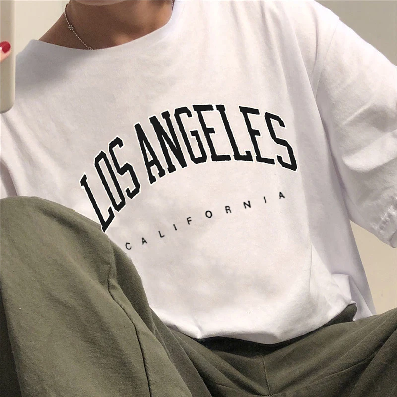 Los Andželo raidžių Vasaros trumparankoviai moteriški marškinėliai prarasti Harajuku Amerikos spausdinti albumą prašmatnus Ulzzang atsitiktinis moterų clothin 2