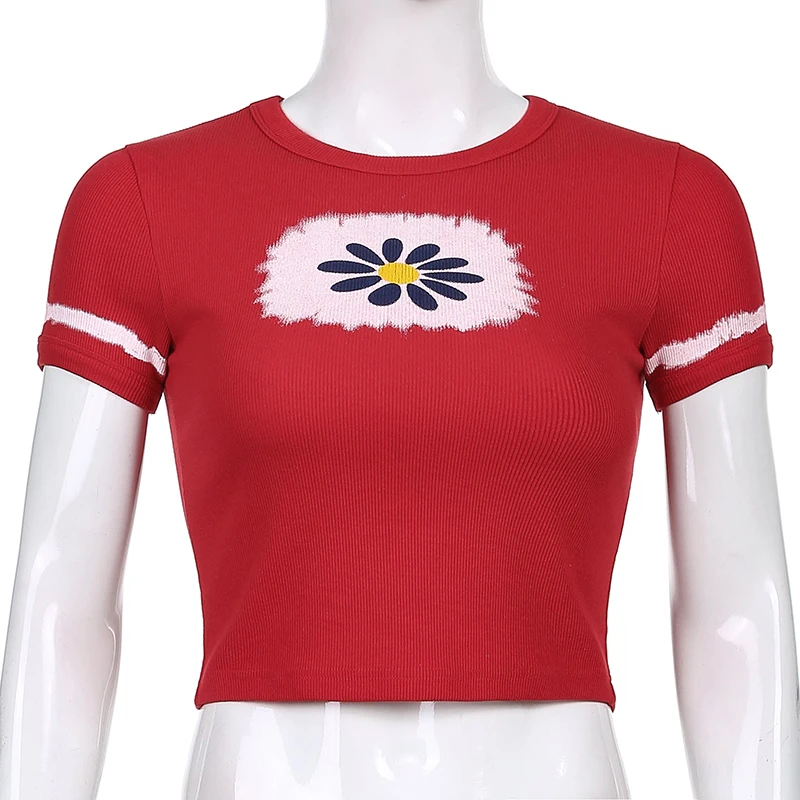 Kaklaraištis Dažų Briaunoti Kawaii Spausdinti Raudona Y2K T-Marškinėliai Su trumpomis Rankovėmis 2021 Mados Moterų Harajuku Vasarą Pasėlių Viršuje Mergaitėms Mėlyna Tees 0