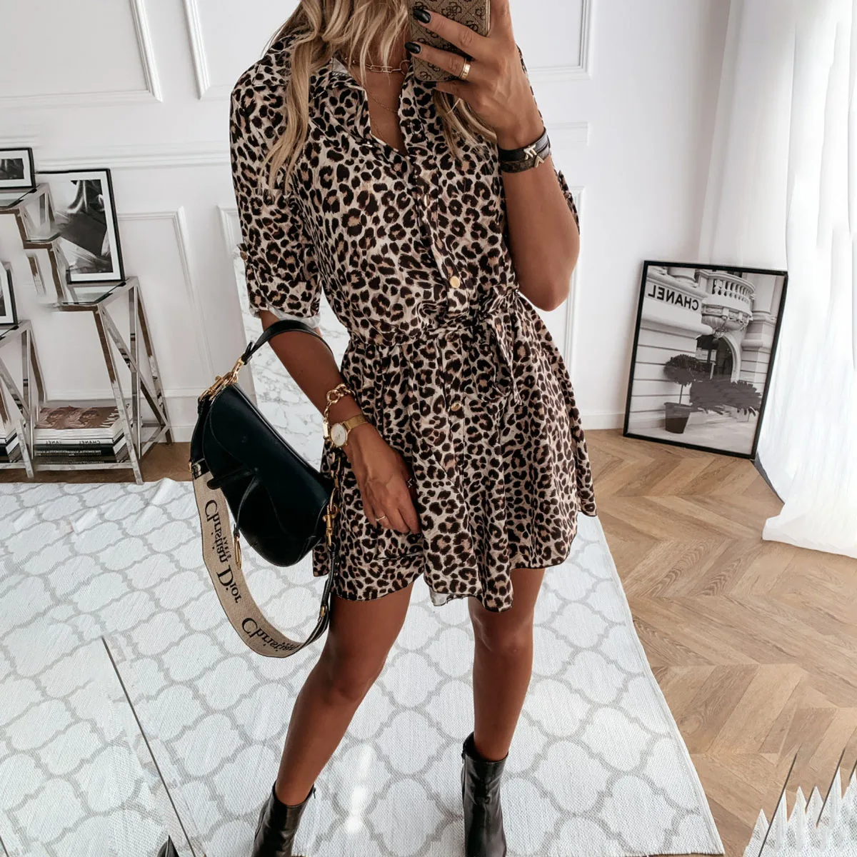Atsitiktinis Leopardas Spausdinti Ilgomis Rankovėmis Nėrinių Mygtukai Mini Suknelė Moterims 2021 M. Vasaros Pusė Rankovės Šalies Seksualus Slim Marškinėliai, Suknelės 3