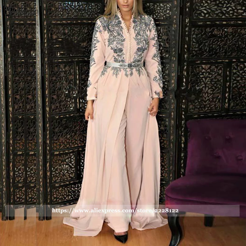 Blush Pink Maroko Kaftan Vakarines Sukneles, Kelnes Appliques Prom Alžyro Įžymybė Chalatas De Soiree Vestuves Oficialų Suknelė 5