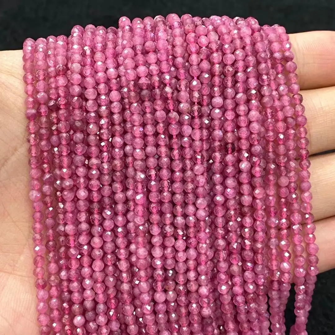 Pink Turmalinas skaičius 2/3/4 mm Briaunotas Apvalus Akmuo Karoliukai 