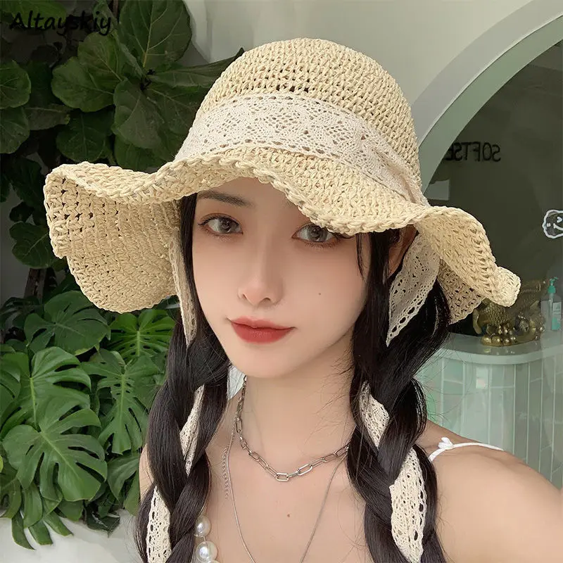 Kibiras Skrybėlės Moterims Nėrinių Paplūdimio Drabužiai Atsitiktinis Kietojo Temperamentas Saulės Šešėlių Saldus Japonų Stiliaus Studentų Gražių Vasaros Mergaitišką Paprasta 5