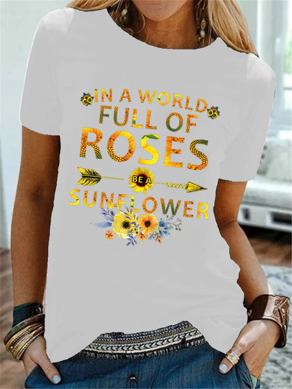 Pasaulyje Pilna Rožių Būti Saulėgrąžų T-shirt Estetinės Wildflower Įkvepiantį Citata Marškinėlius Madinga Moterų Grafinis Tees Viršūnės 2