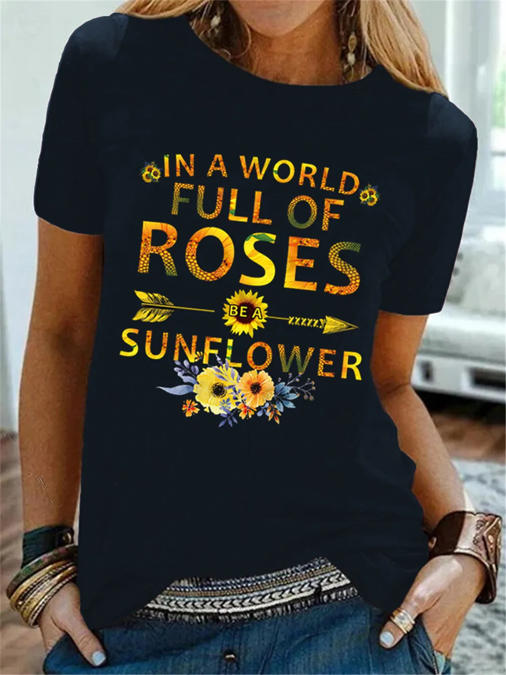 Pasaulyje Pilna Rožių Būti Saulėgrąžų T-shirt Estetinės Wildflower Įkvepiantį Citata Marškinėlius Madinga Moterų Grafinis Tees Viršūnės 5