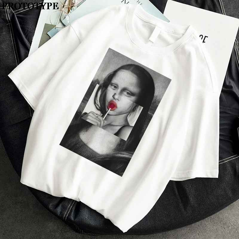 2021 Moterys T-Shirt Monla Lisa Atspausdintas t-shirt Moterų Ulzzang Estetinės T-Marškinėliai su trumpomis rankovėmis Harajuku Viršūnes Negabaritinių t-shir 1