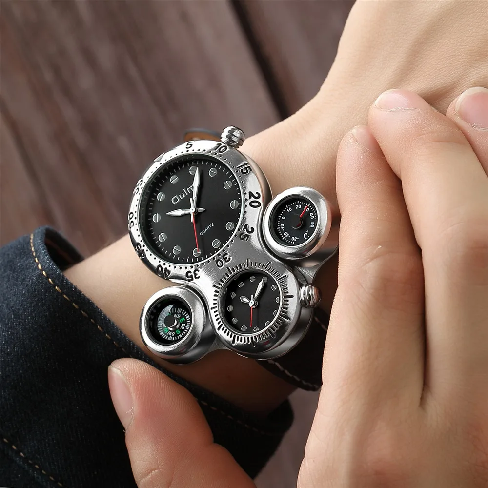 OULM 1149 Mens Sporto Laikrodžiai Viršuje Prabangos Prekės ženklo Dviejų Laiko Zonų Kvarcinis Laikrodis Dekoratyvinis Kompasas Unikali Vyrų Žiūrėti 0