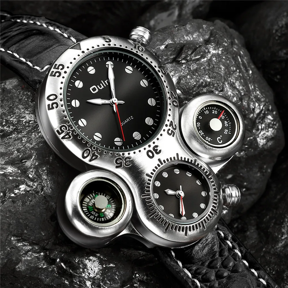 OULM 1149 Mens Sporto Laikrodžiai Viršuje Prabangos Prekės ženklo Dviejų Laiko Zonų Kvarcinis Laikrodis Dekoratyvinis Kompasas Unikali Vyrų Žiūrėti 1