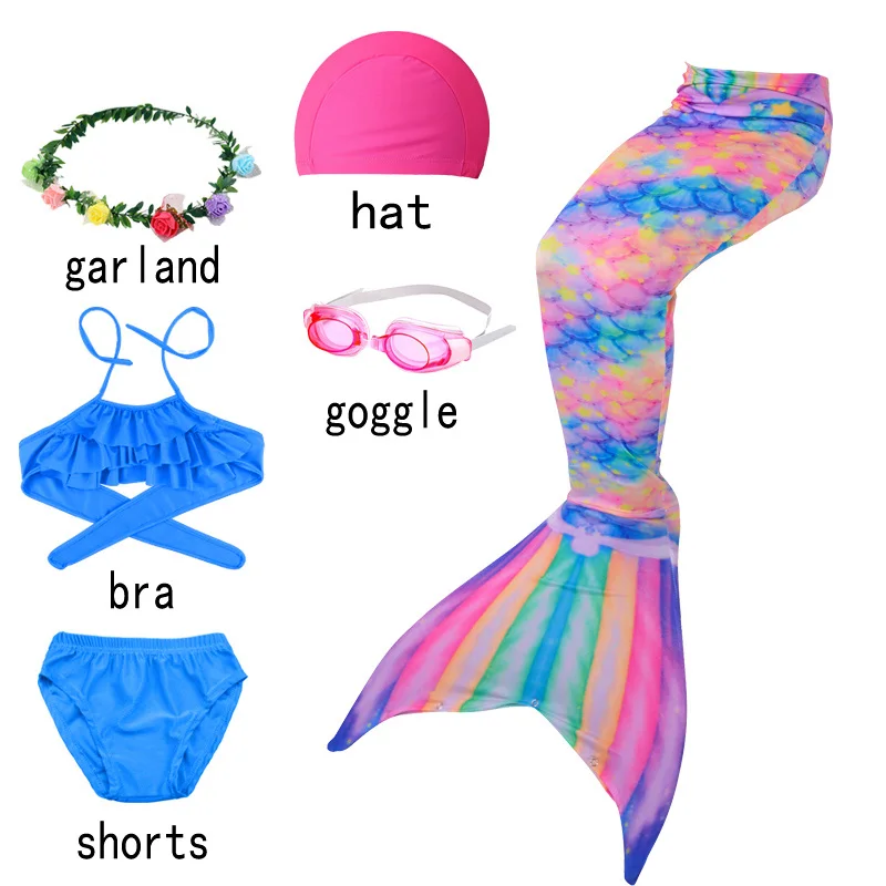 Zeemeerminstaart maudymosi kostiumėlis mergaitėms, vaikams, paplūdimio bikini kostiumas kostiumas suknelė plaukimo kepuraitė plaukimo akiniai apatiniai mėlyna 1