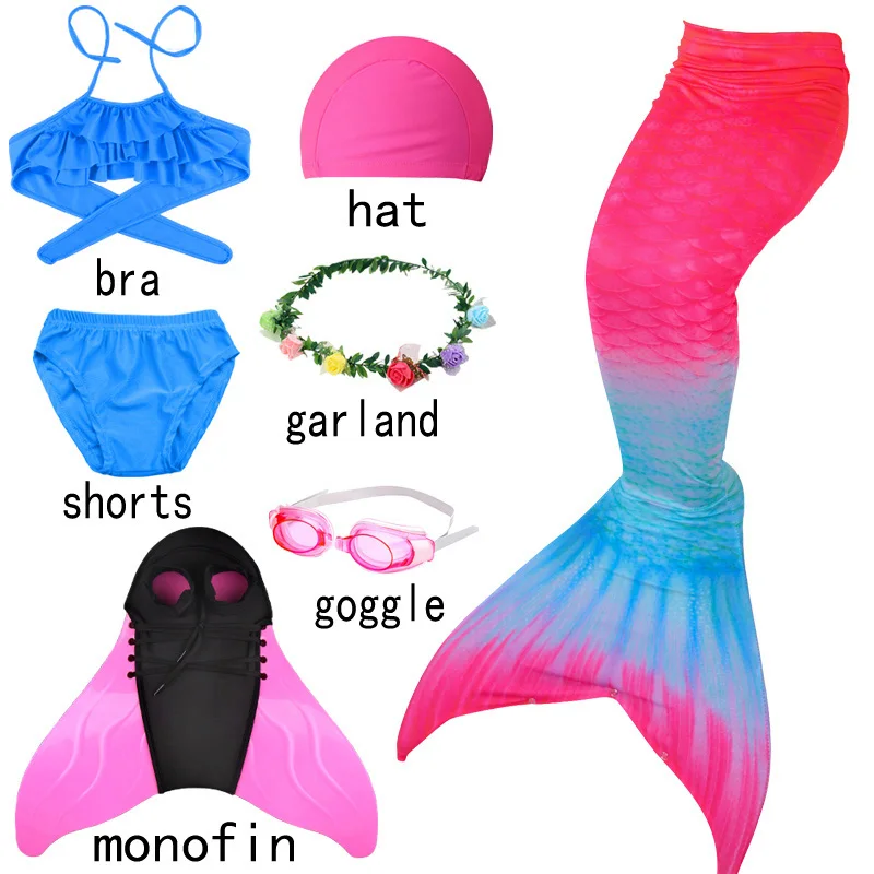 Zeemeerminstaart maudymosi kostiumėlis mergaitėms, vaikams, paplūdimio bikini kostiumas kostiumas suknelė plaukimo kepuraitė plaukimo akiniai apatiniai mėlyna 2