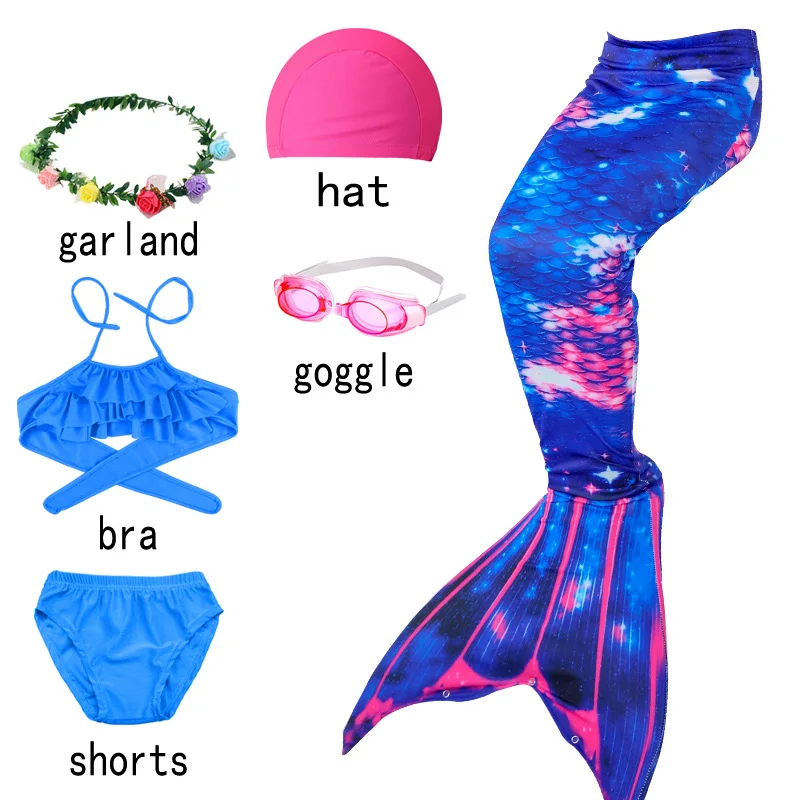 Zeemeerminstaart maudymosi kostiumėlis mergaitėms, vaikams, paplūdimio bikini kostiumas kostiumas suknelė plaukimo kepuraitė plaukimo akiniai apatiniai mėlyna 3