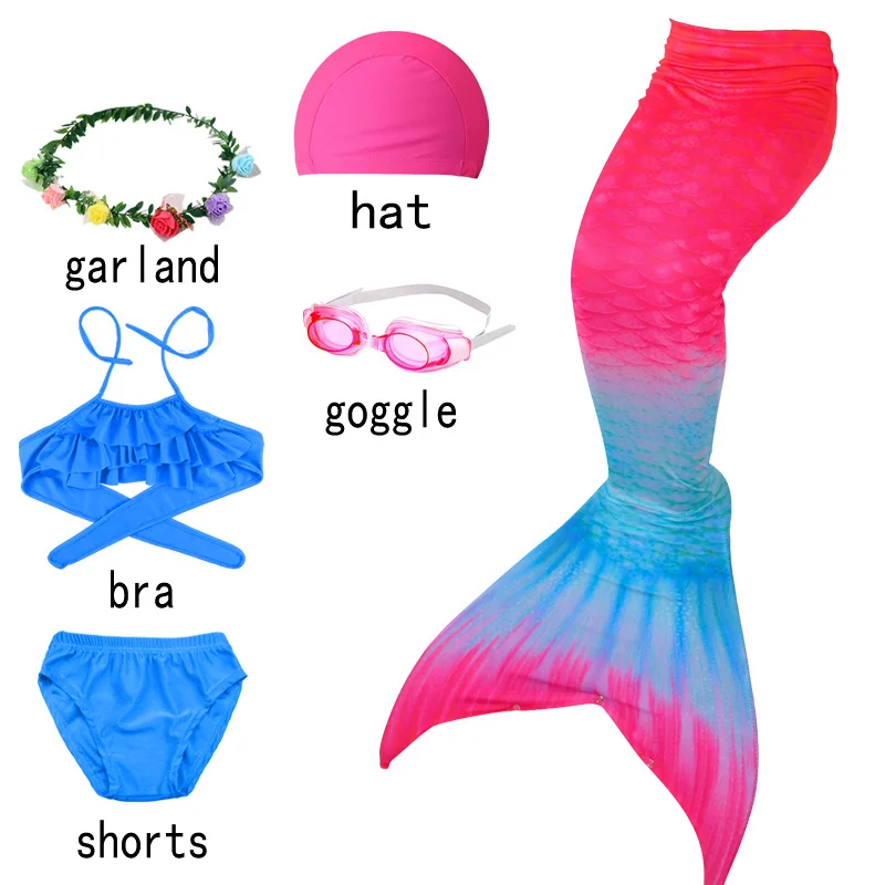 Zeemeerminstaart maudymosi kostiumėlis mergaitėms, vaikams, paplūdimio bikini kostiumas kostiumas suknelė plaukimo kepuraitė plaukimo akiniai apatiniai mėlyna 5
