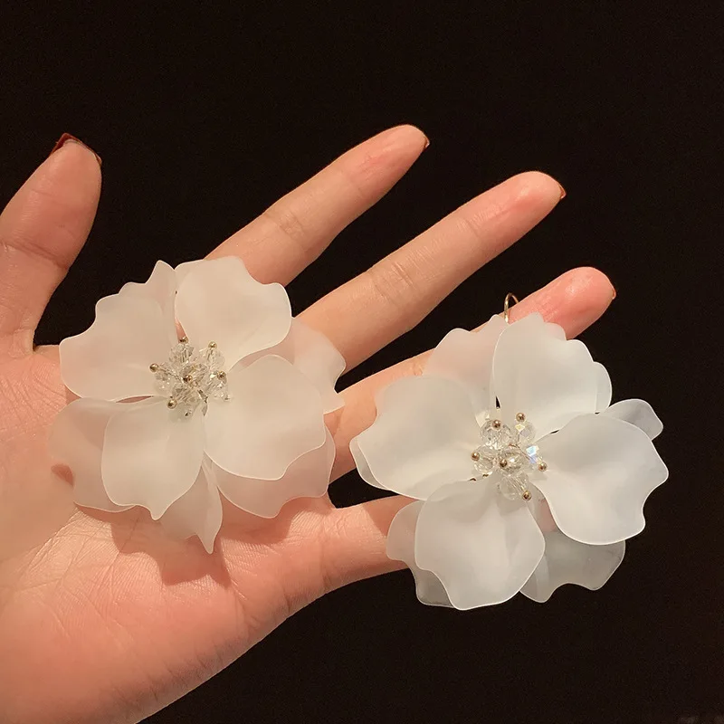 2021 Prašmatnus korėjos temperamentas baltas žiedlapis auskarai Didelis Pareiškimą, gėlių auskarai mergina Papuošalai 1