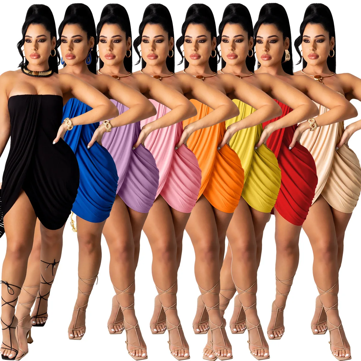 1L200 Vasaros mados naujas universalus moterų vientisos spalvos seksualios krūtinės suvynioti ritininės suknelė suknelė moterims 2