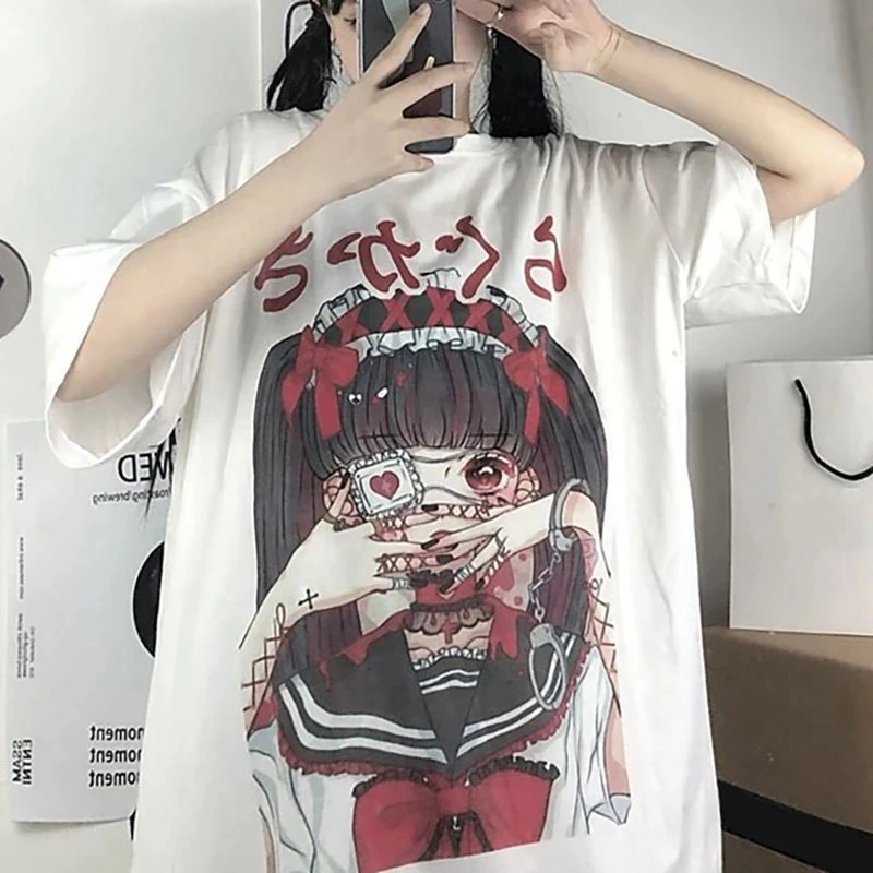 QWEEK Gotikos Marškinėliai Anime Harajuku Estetinės Moterų Drabužių Vasarą E Mergina Trumpas Rankovės marškinėliai Moterims 2021 Baltos Viršūnės Moteris 0