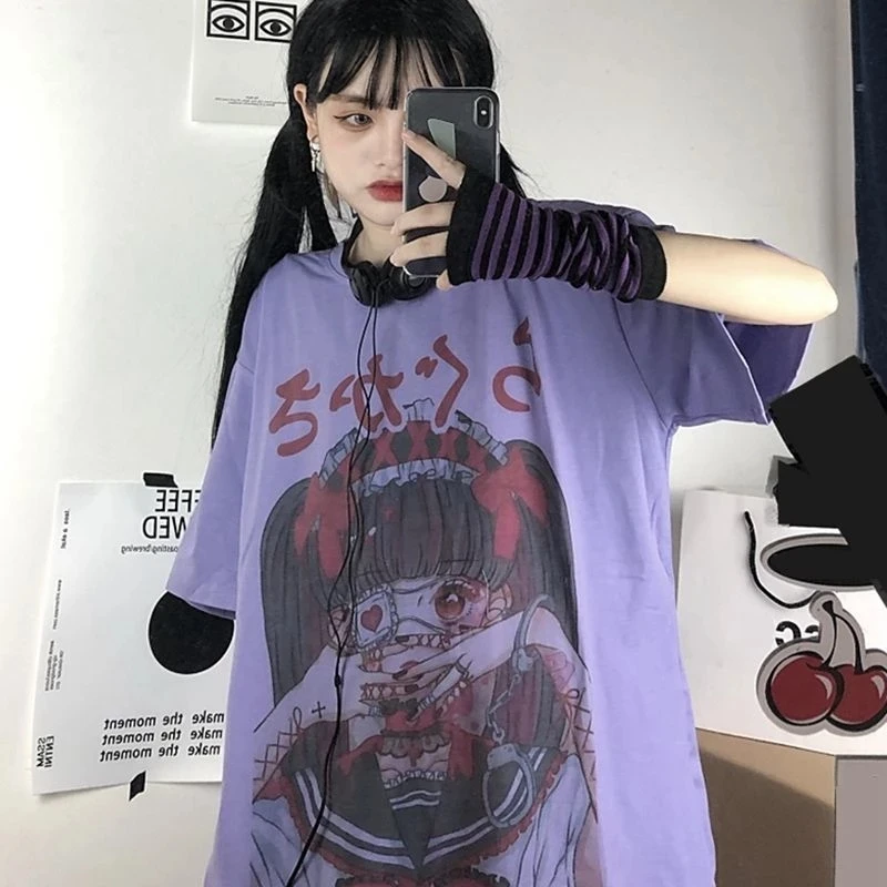 QWEEK Gotikos Marškinėliai Anime Harajuku Estetinės Moterų Drabužių Vasarą E Mergina Trumpas Rankovės marškinėliai Moterims 2021 Baltos Viršūnės Moteris 1