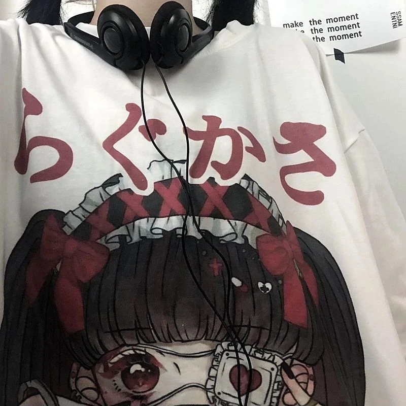QWEEK Gotikos Marškinėliai Anime Harajuku Estetinės Moterų Drabužių Vasarą E Mergina Trumpas Rankovės marškinėliai Moterims 2021 Baltos Viršūnės Moteris 2
