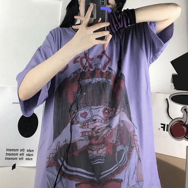 QWEEK Gotikos Marškinėliai Anime Harajuku Estetinės Moterų Drabužių Vasarą E Mergina Trumpas Rankovės marškinėliai Moterims 2021 Baltos Viršūnės Moteris 4