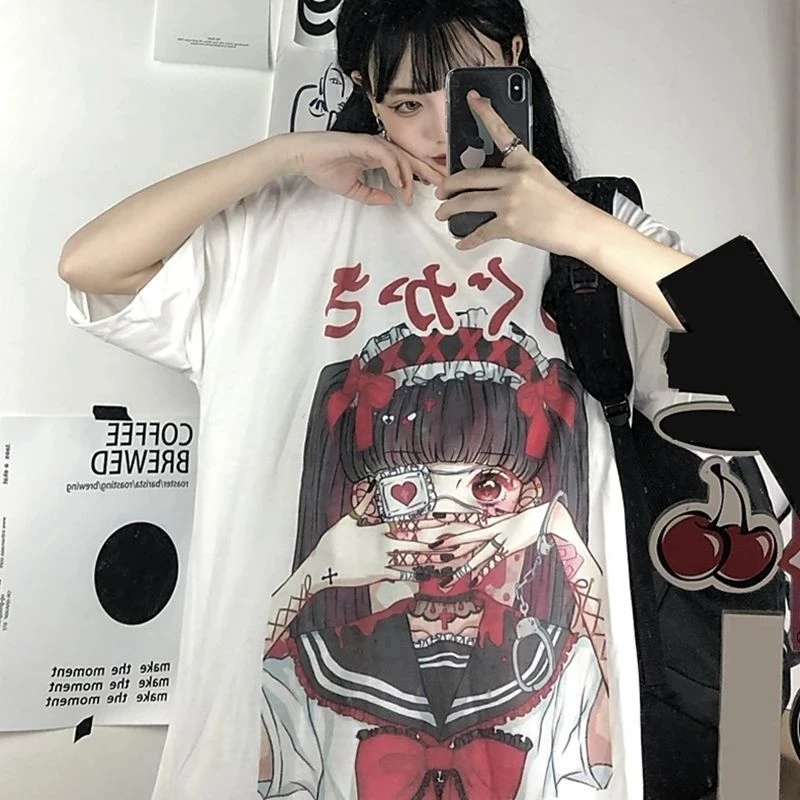 QWEEK Gotikos Marškinėliai Anime Harajuku Estetinės Moterų Drabužių Vasarą E Mergina Trumpas Rankovės marškinėliai Moterims 2021 Baltos Viršūnės Moteris 5