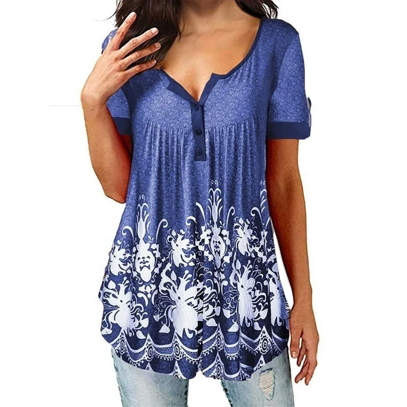 2021 Vasaros moteriški marškinėliai Atsitiktinis Mygtukai Trumpas Rankovėmis Tee Viršūnes Prarasti Medvilnės V-Kaklo Spausdinti Gėlių Blusas Negabaritinių Drabužiai 1