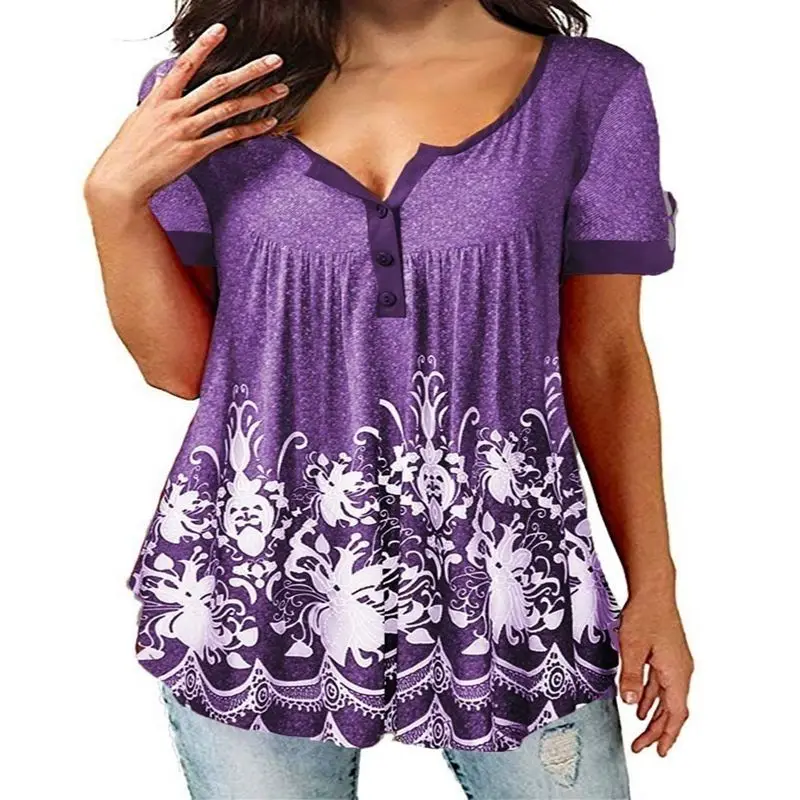 2021 Vasaros moteriški marškinėliai Atsitiktinis Mygtukai Trumpas Rankovėmis Tee Viršūnes Prarasti Medvilnės V-Kaklo Spausdinti Gėlių Blusas Negabaritinių Drabužiai 3