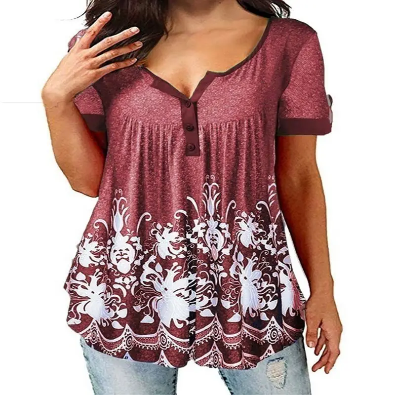 2021 Vasaros moteriški marškinėliai Atsitiktinis Mygtukai Trumpas Rankovėmis Tee Viršūnes Prarasti Medvilnės V-Kaklo Spausdinti Gėlių Blusas Negabaritinių Drabužiai 4