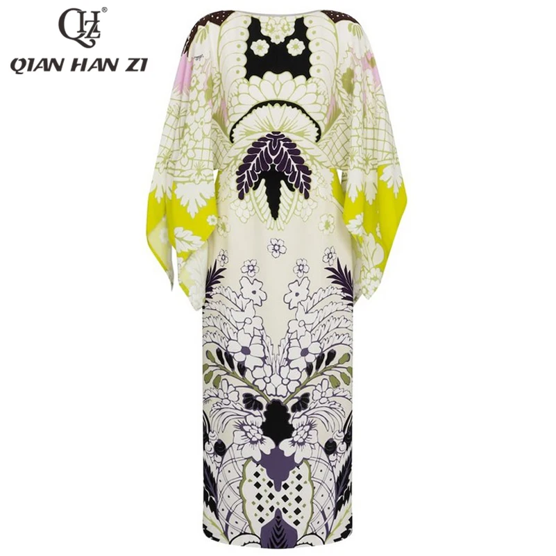 Qian Han Zi dizainerio mados kilimo ir tūpimo tako vasaros suknelė Moterų nereguliarus sudegintasis rankovėmis vintage modelis spausdinti Slim bodycon suknelė 1