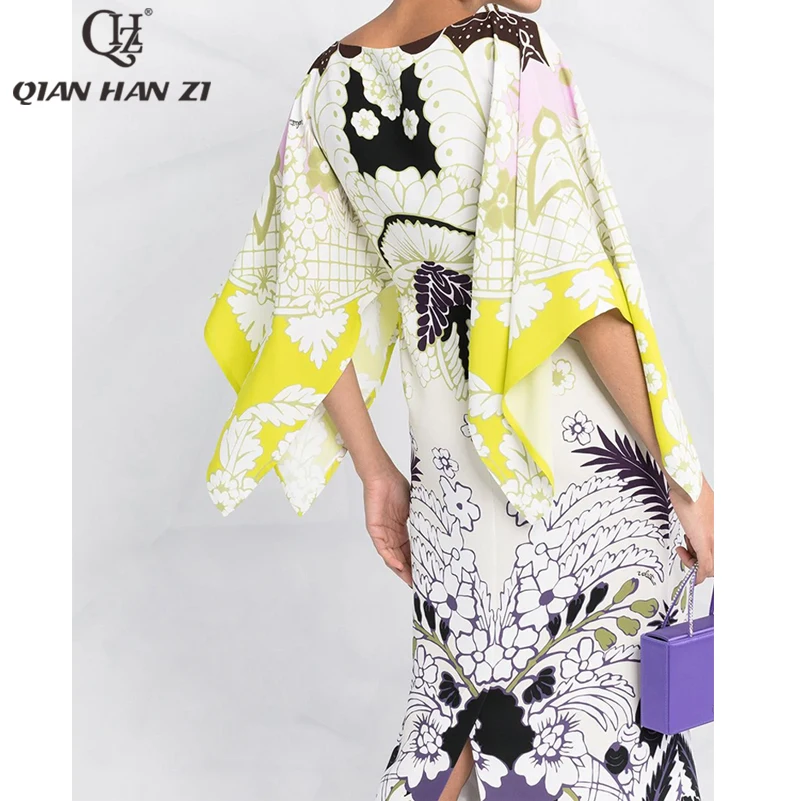 Qian Han Zi dizainerio mados kilimo ir tūpimo tako vasaros suknelė Moterų nereguliarus sudegintasis rankovėmis vintage modelis spausdinti Slim bodycon suknelė 5
