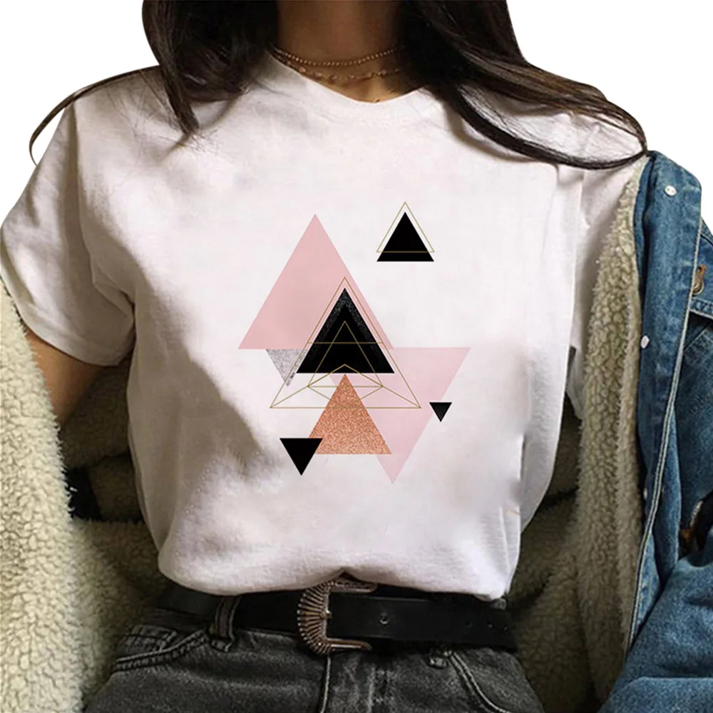 E25 Graži geometrija spausdinti Grafinis T-shirt Viršūnes Tee Mielas trumpomis Rankovėmis Moteriška T shirts 1
