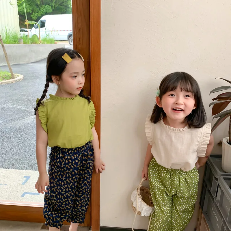 2021 M. Vasarą Naujų Korėjos Stiliaus Kūdikių Mergaitės, Medvilnės, Lino Palaidinės Be Rankovių Ruched Viršūnes Pure Color Kids Marškinėliai 0