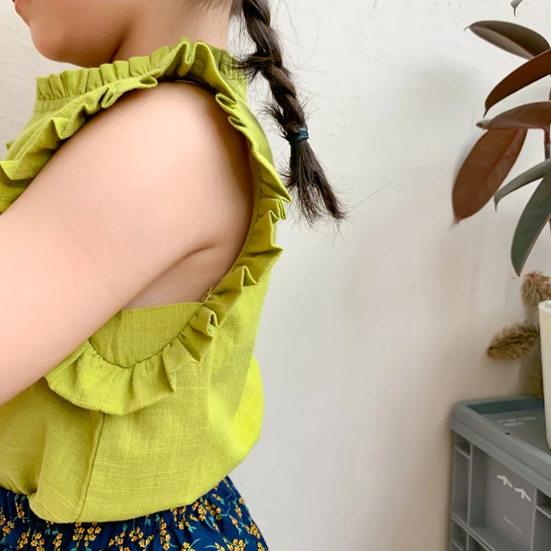 2021 M. Vasarą Naujų Korėjos Stiliaus Kūdikių Mergaitės, Medvilnės, Lino Palaidinės Be Rankovių Ruched Viršūnes Pure Color Kids Marškinėliai 1