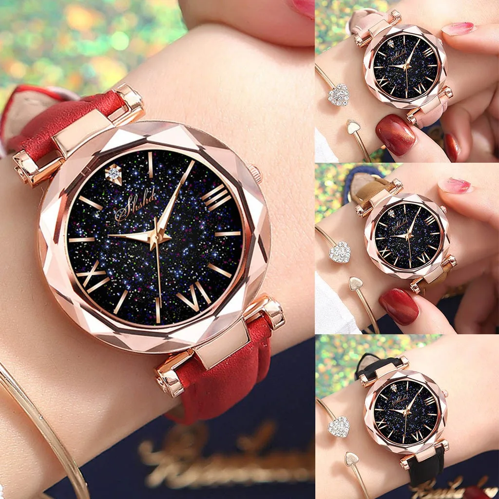 Moteriški laikrodžiai Ponios mados Spalvingas odos kalnų krištolas kvarcinis analoginis žiūrėti Moterų Diržo Žiūrėti Laikrodis Merginos Laikrodis dovanos 4