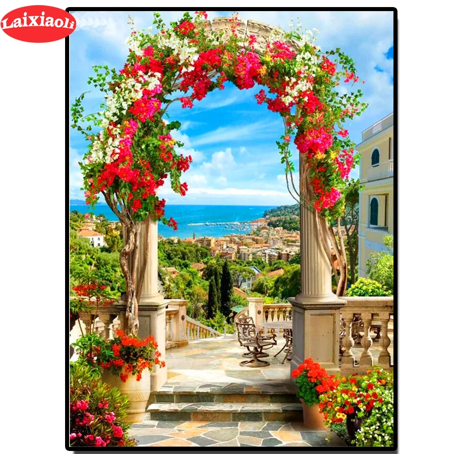 Gėlių sodas arch peržiūrėti Diamond tapybos kvadratiniu turas 5d pasidaryk pats vaizdas diamond Siuvinėjimo Viduržemio jūros Sienos freskos kraštovaizdžio, 4