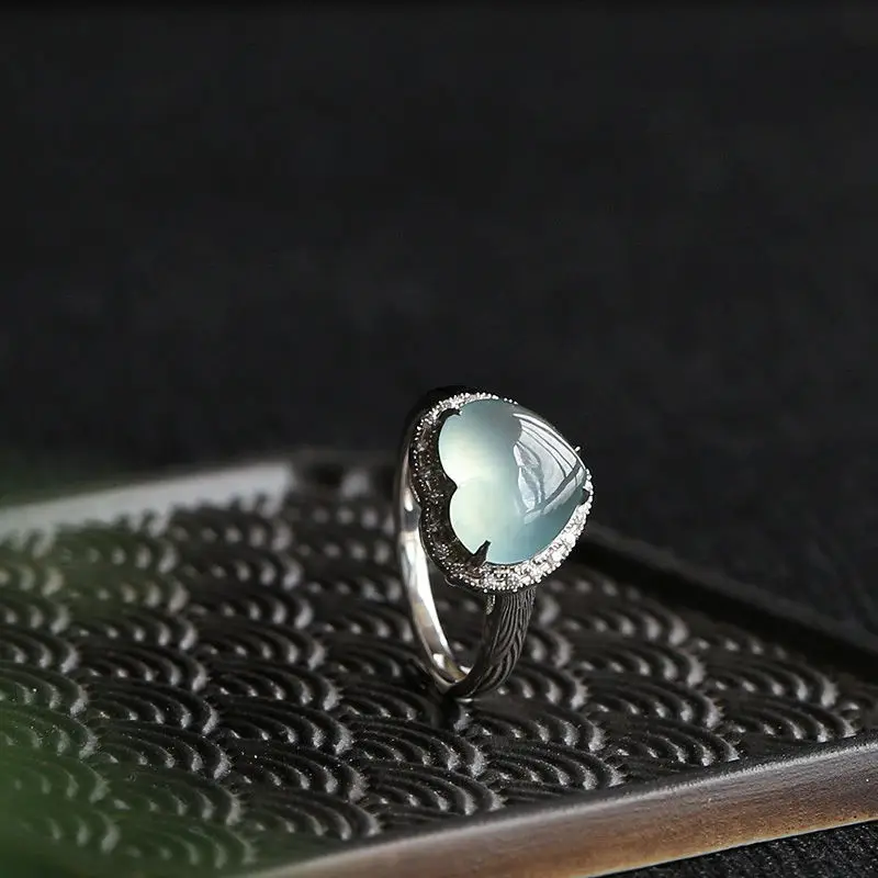 Natūralaus ledo chalcedony meilės širdies formos deimantų atidarymo reguliuojamas žiedo Kinijos retro žavesio moterų prekės sidabro papuošalai 1