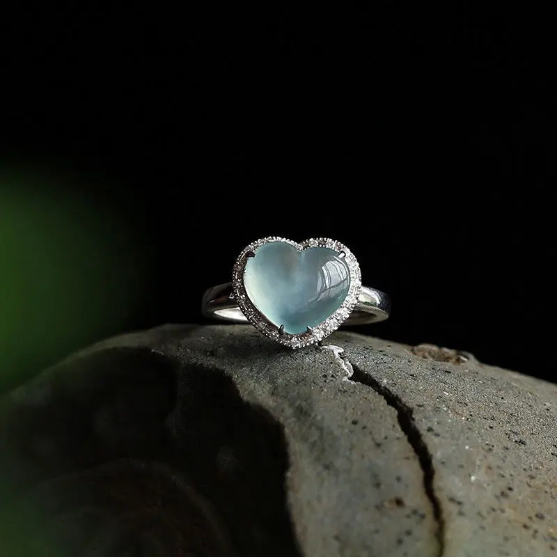 Natūralaus ledo chalcedony meilės širdies formos deimantų atidarymo reguliuojamas žiedo Kinijos retro žavesio moterų prekės sidabro papuošalai 2