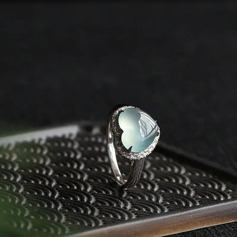Natūralaus ledo chalcedony meilės širdies formos deimantų atidarymo reguliuojamas žiedo Kinijos retro žavesio moterų prekės sidabro papuošalai 3