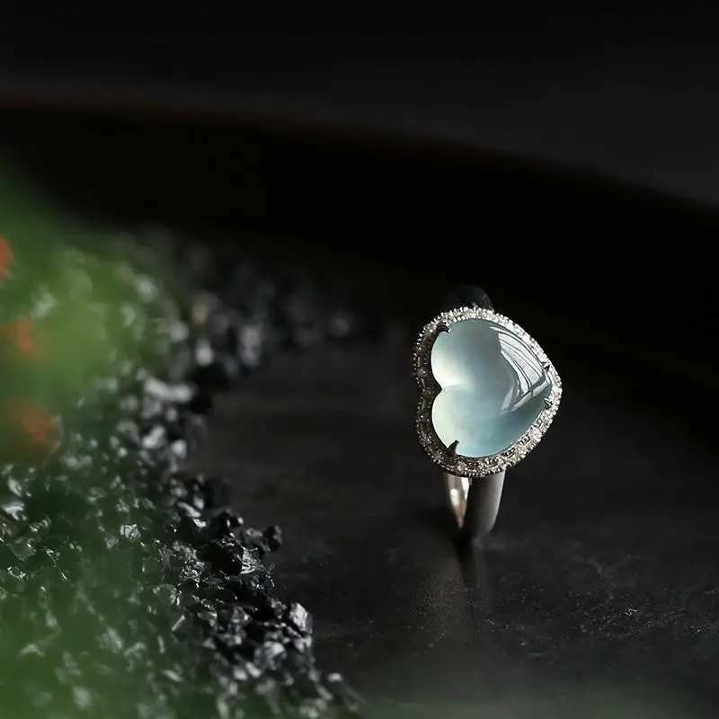 Natūralaus ledo chalcedony meilės širdies formos deimantų atidarymo reguliuojamas žiedo Kinijos retro žavesio moterų prekės sidabro papuošalai 4