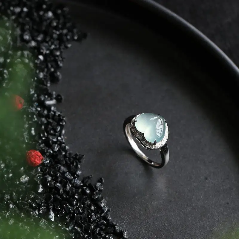 Natūralaus ledo chalcedony meilės širdies formos deimantų atidarymo reguliuojamas žiedo Kinijos retro žavesio moterų prekės sidabro papuošalai 5