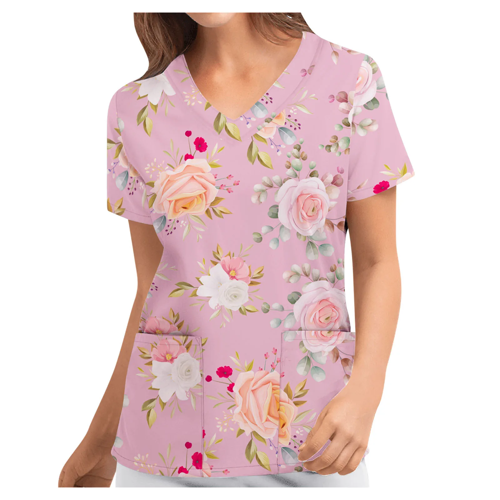 Vasaros Vienodas Klinikinių 2021 Moterų trumpomis Rankovėmis V-kaklo, Gėlių Raštas Viršūnes Slaugos Darbo Vienodi marškinėliai Medicinos Krūmynai 2