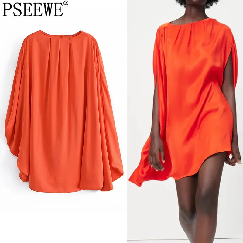 PSEEWE Za 2021 Oranžinė Suknelė Moterims Klostuotas Mini Satino Suknelė Moteris Mados Ruched Trumpas Vasaros Dresse Asimetrinė Paplūdimio Sundress 1