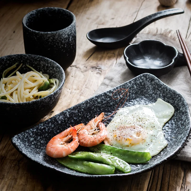 Japoniško stiliaus keramikos miltų, vieno asmens maistui vienam asmeniui nustatyti, dubenys, šaukštai, puodeliai, vakarienė plokštės keturis ar penkis hou 5