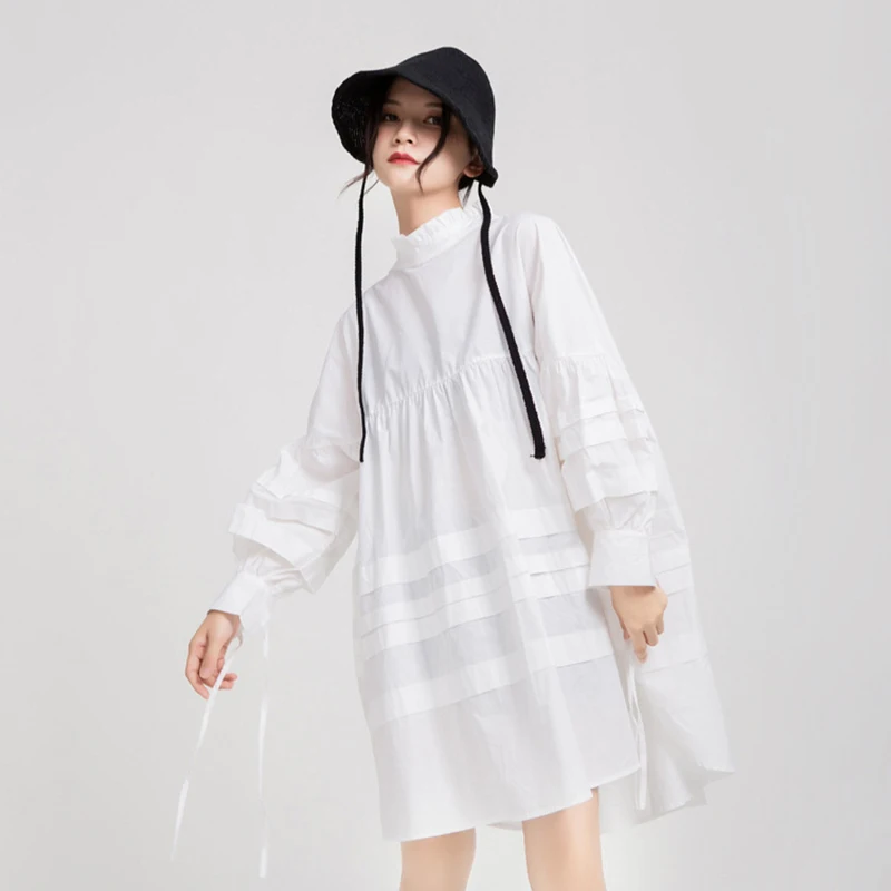 CHICEVER Balta Suknelė Moterims Stovėti Apykakle ilgomis Rankovėmis Megztinis Minimalistinio Negabaritinių Kietas Mini Suknelės Moteris Naujų Drabužių 2021 0